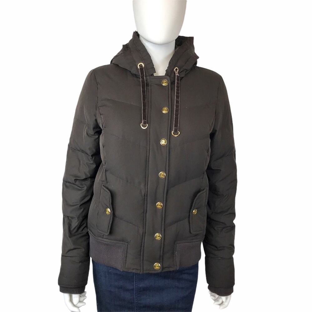 Juicy Couture Puffer Down Jacket Hoodie Coat Brown & Gold Hardware